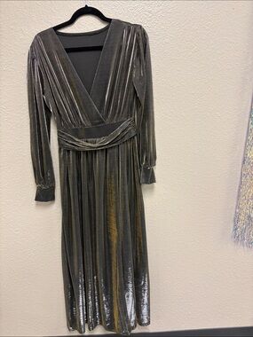 Metallic Charcoal Long-Sleeve Wrap Midi Dress made with 95% polyester